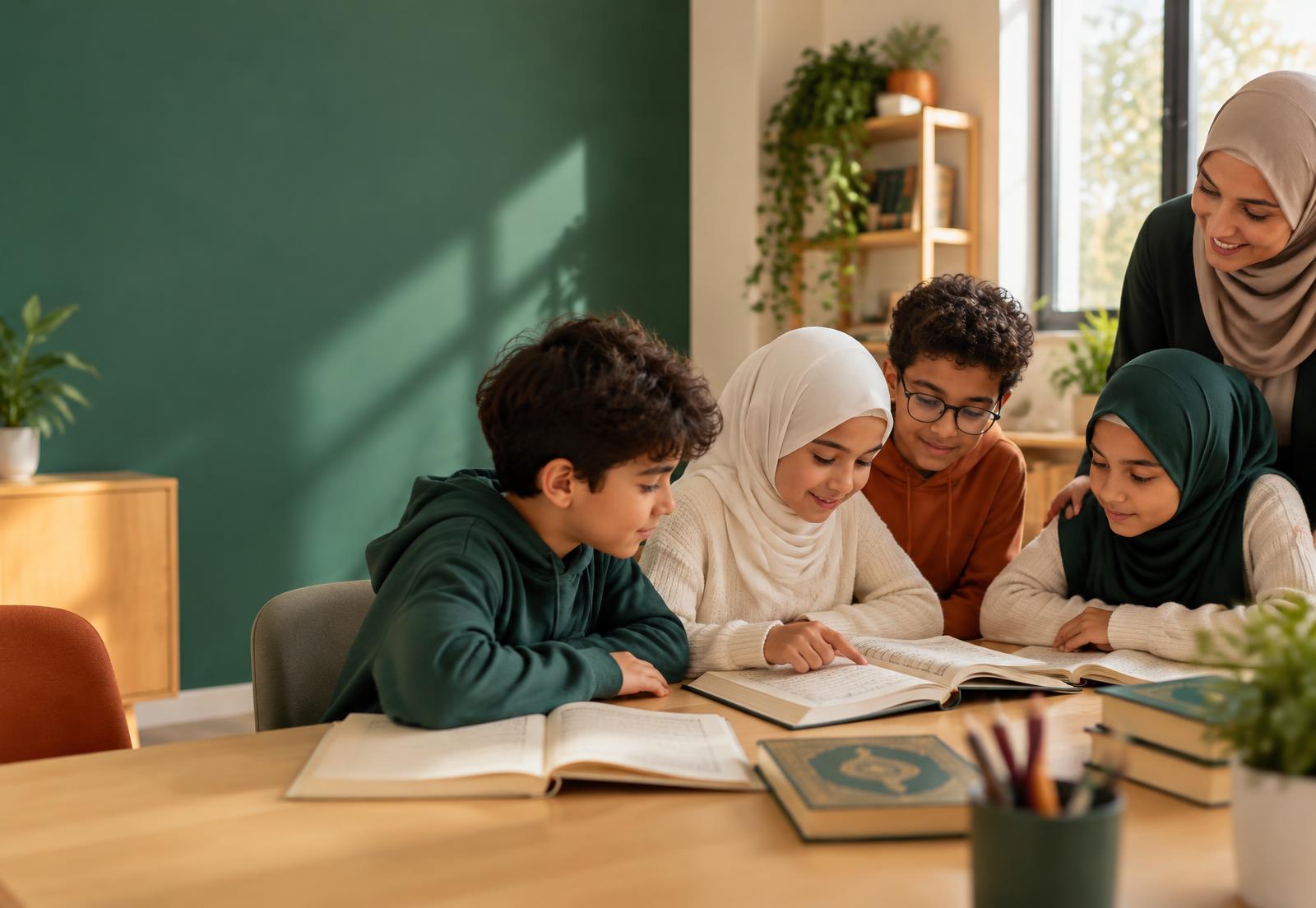 Groupe d’enfants étudiant ensemble avec leur éducatrice